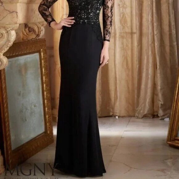 MGNY Women Black Long Sleeve Lace & Beaded Gown Formal Evening Dress Sz 10 2580 - Picture 4 of 16